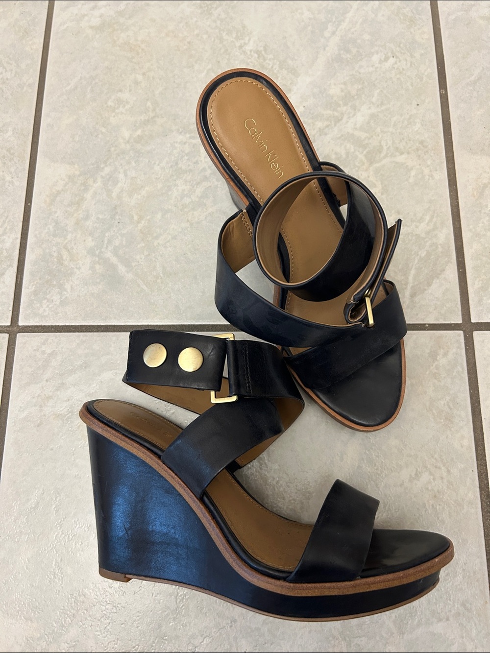 Calvin Klein Black Leather Wedge Sandals with Gold Accents